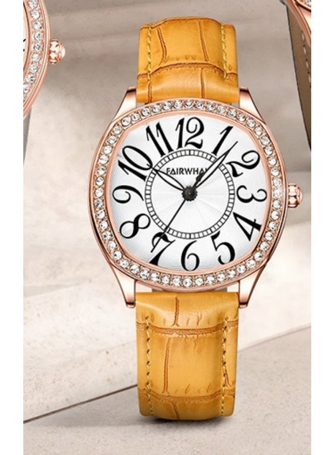 Mark Fairwhale Yellow Strap: Mark Fairwhale Retro Water-resistant Diamond-set Watch - White Dial, Stainless Steel Case, Yellow Genuine Leather Strap - Image 2